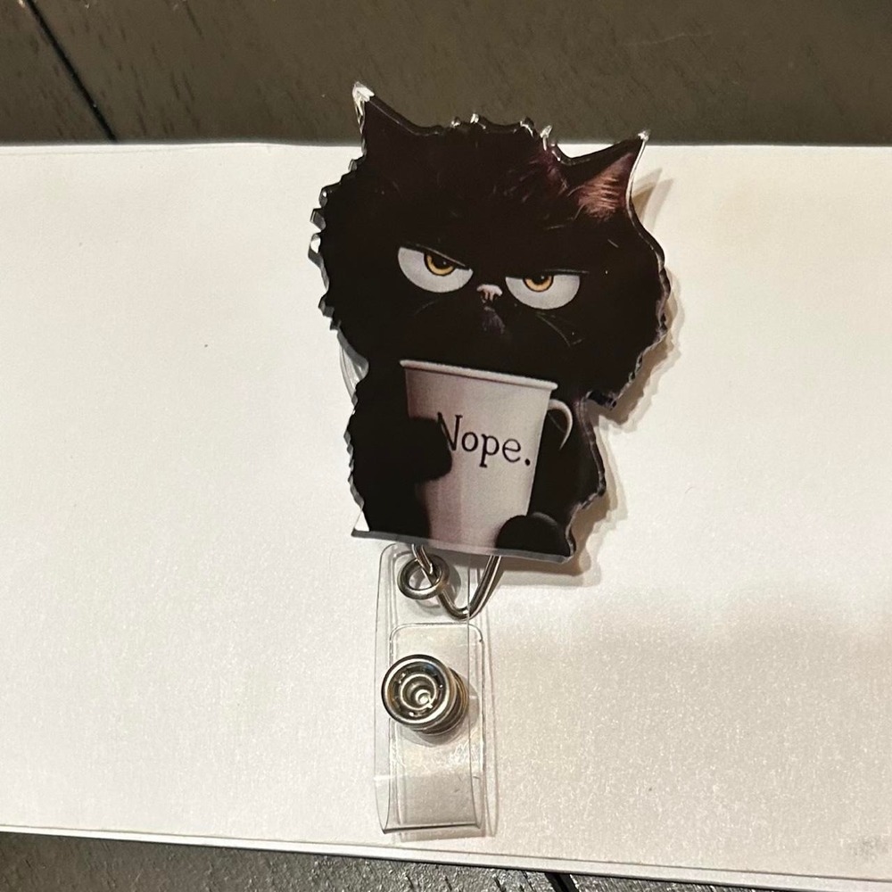 Grumpy Black Cat Holding Cup, Retractable Name Badge Holder, For work or school